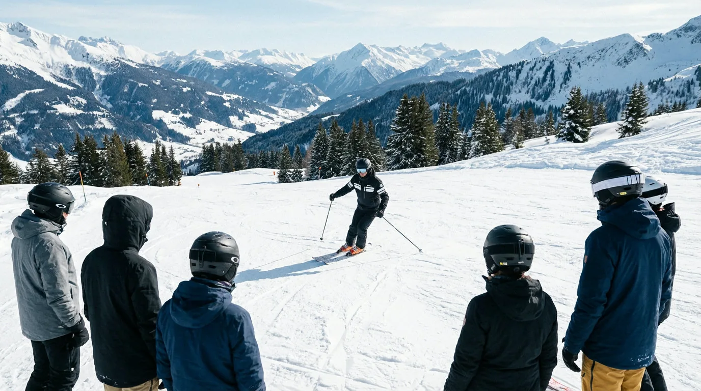 Skikurs-Gruppe auf blauer Piste mit Skilehrer