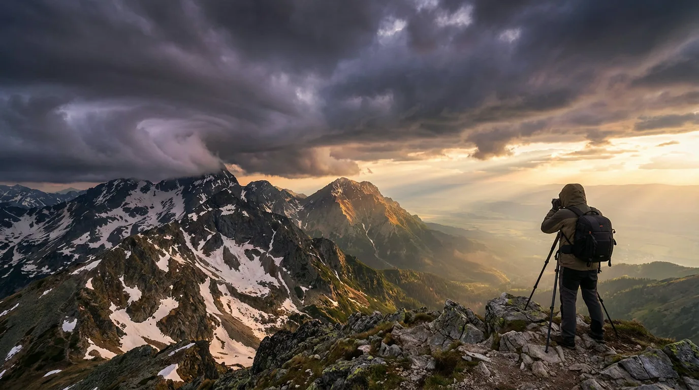 Dramatische Wetterstimmung in den Bergen mit Gewitterwolken