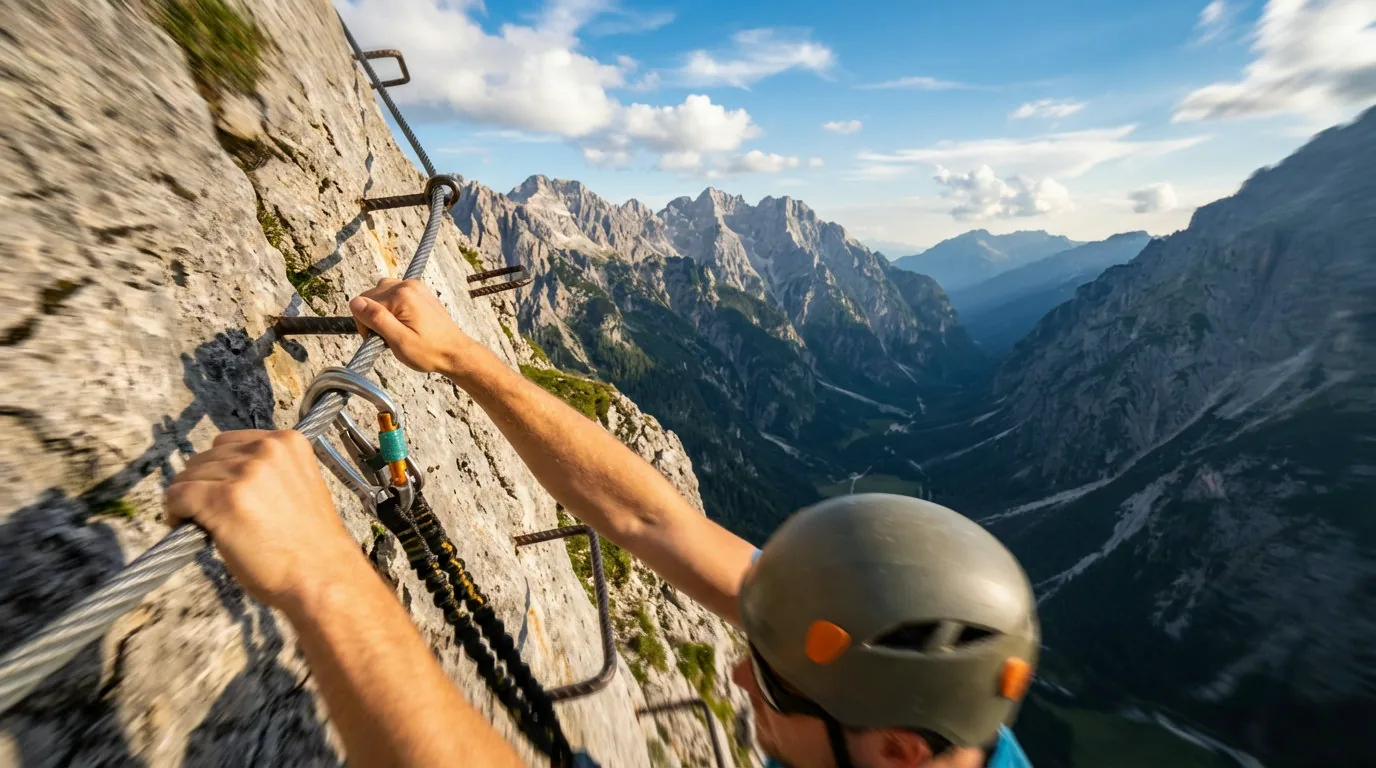 Kletterer mit Helm und Klettersteigset an einem Klettersteig in den Alpen