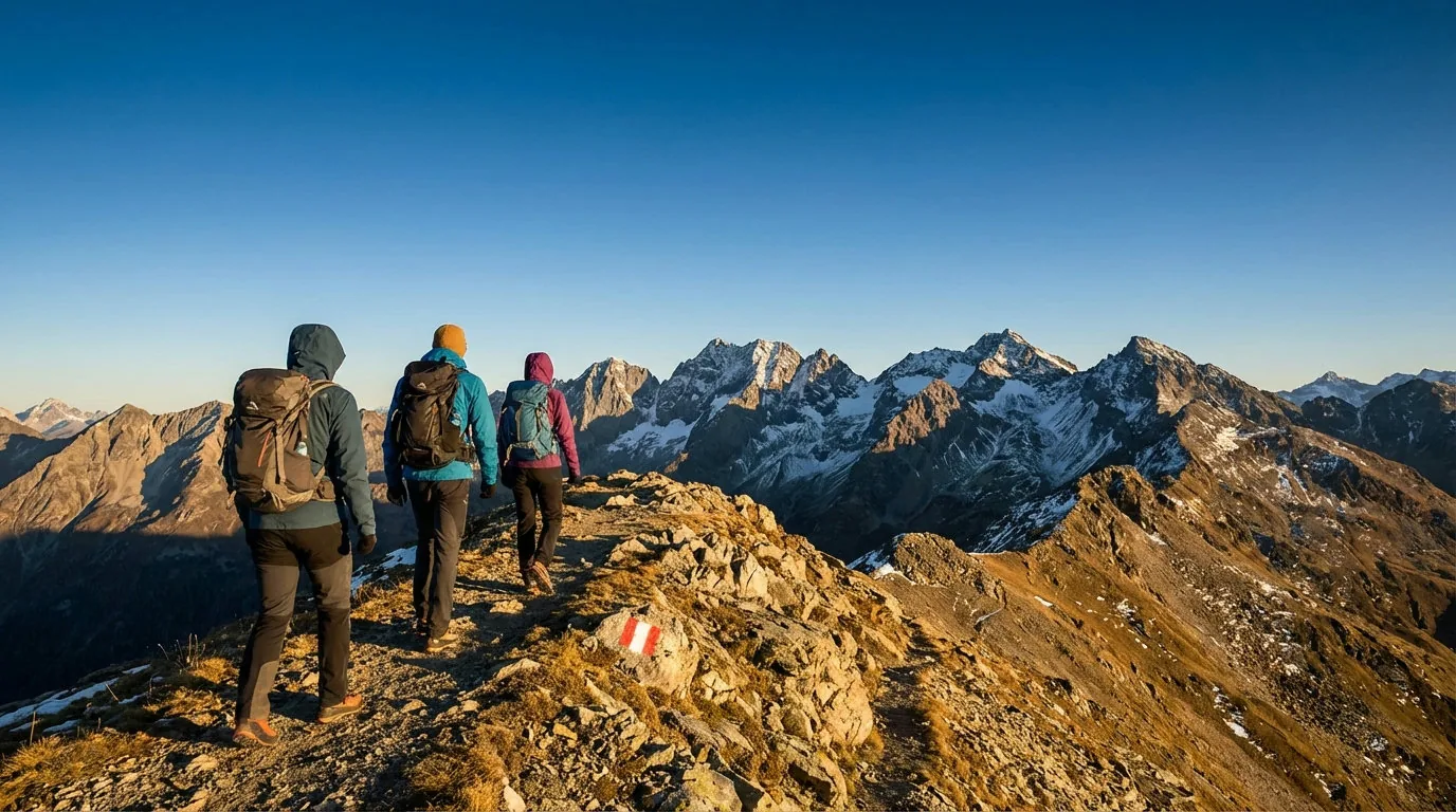 Wanderer auf spektakul�rem Alpenweg mit Bergpanorama