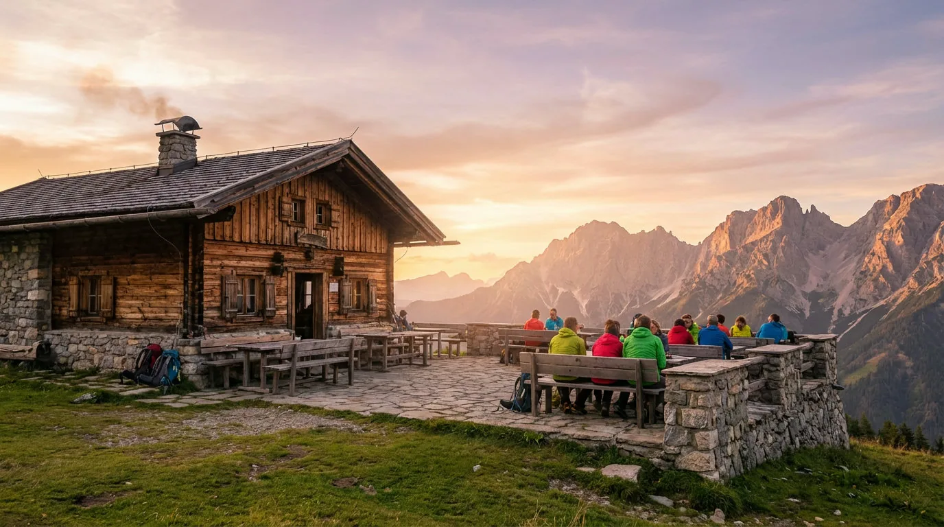 Gemütliche Berghütte in den Alpen bei Sonnenuntergang