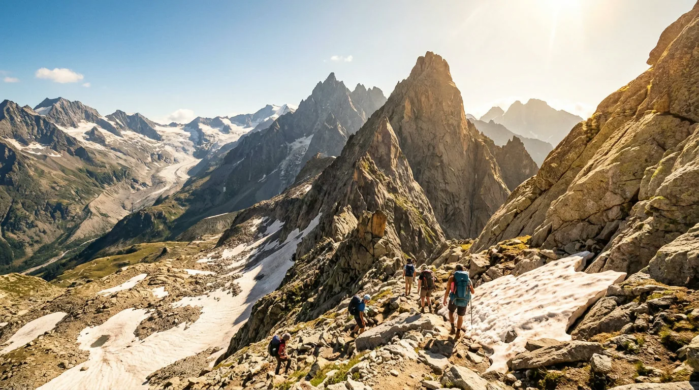Wanderer beim Überqueren eines hochalpinen Passes