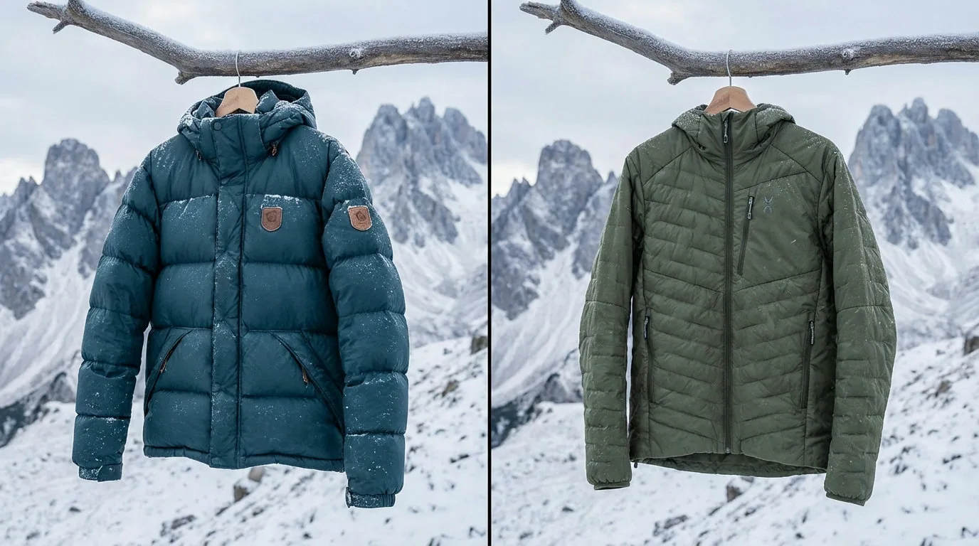 Daunenjacke und Synthetikjacke im direkten Vergleich vor winterlicher Bergkulisse