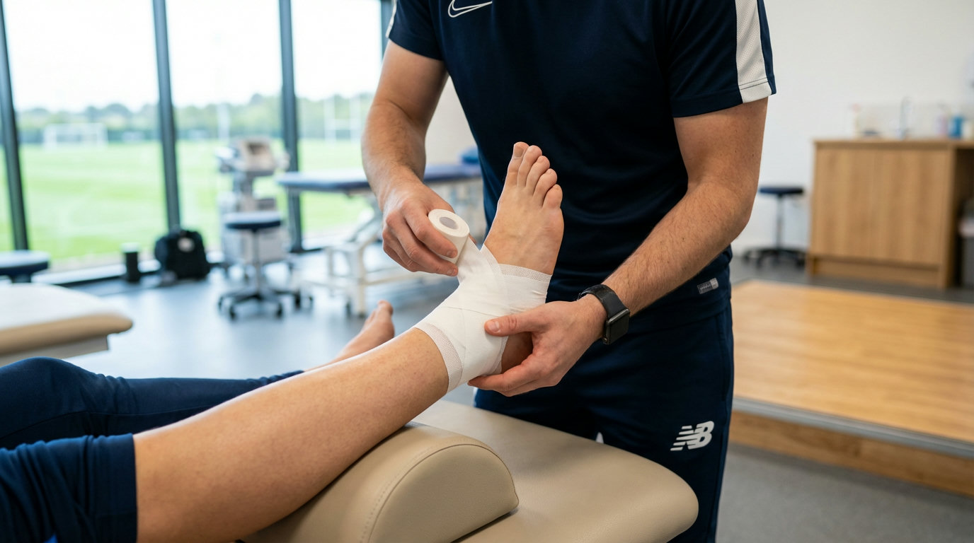Physiotherapeut legt weißes Sporttape am Sprunggelenk eines Sportlers an
