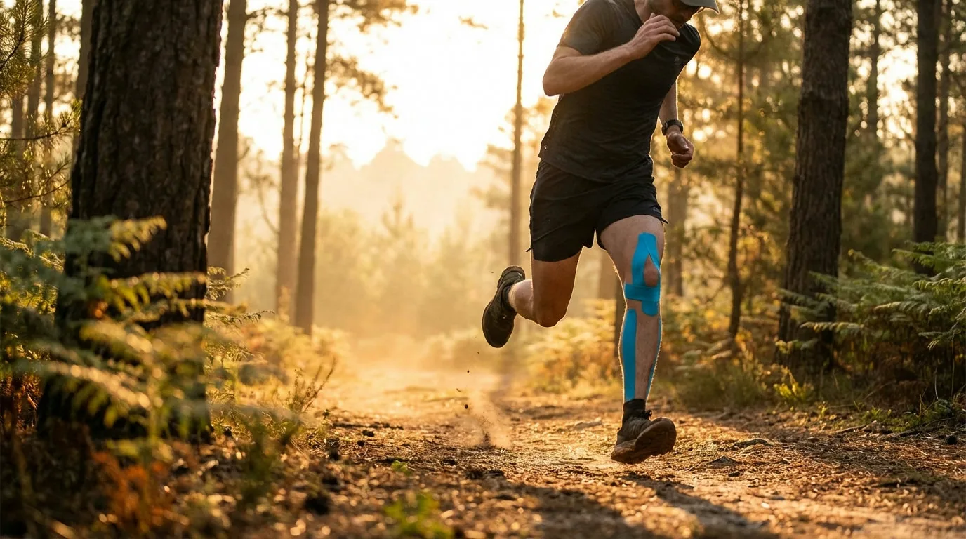 Läufer mit blauem Kinesiotape am Knie beim Trailrunning in der Natur