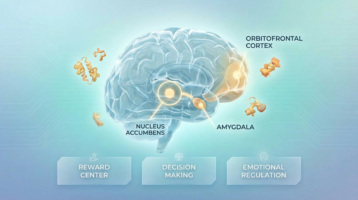 Illustration der Gehirnregionen bei der Appetitregulation durch Protein: Nucleus accumbens, Orbitofrontaler Kortex und Amygdala