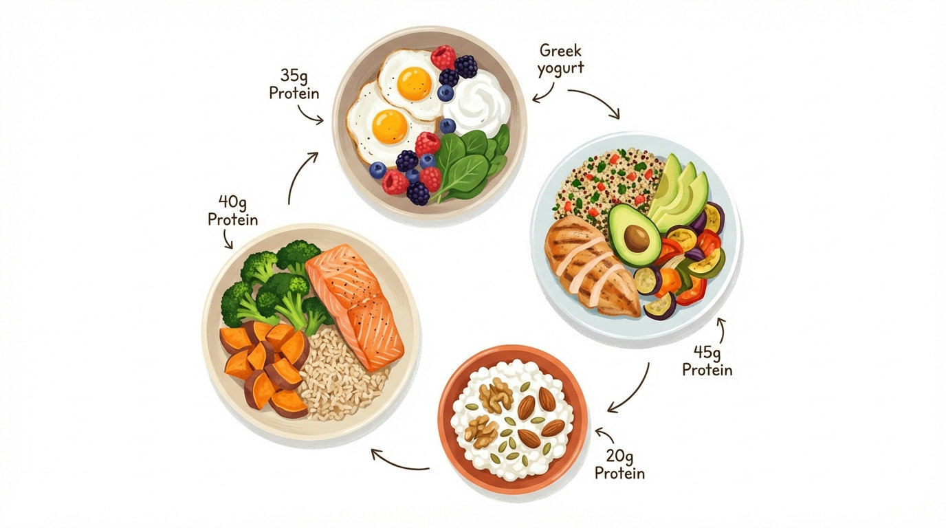 Illustration eines proteinreichen Tagesplans mit vier Mahlzeiten und gleichmaessig verteilter Proteinzufuhr