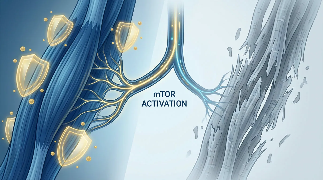 Illustration des Muskelschutzes durch Protein im Kaloriendefizit mit mTOR-Signalweg