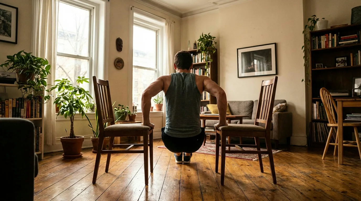 Athletische Person beim Dips-Training zwischen zwei Stühlen im Home-Gym