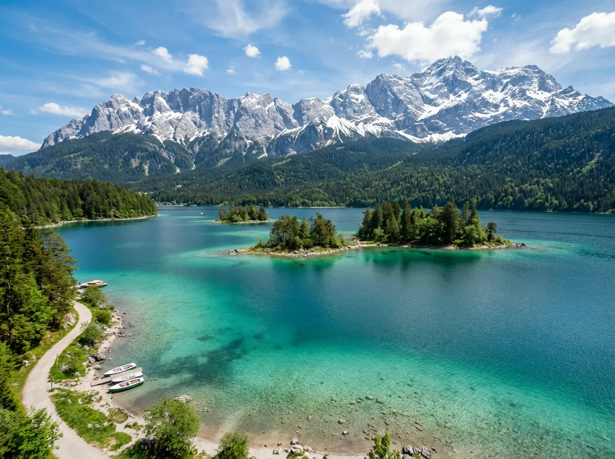 Eibsee mit türkisem Wasser und Zugspitze im Hintergrund
