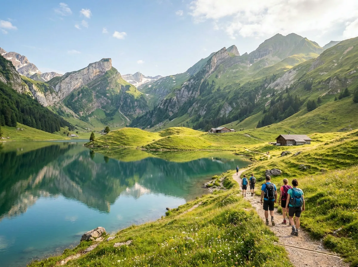 Seealpsee im Allgäu umgeben von grünen Almwiesen und Bergen