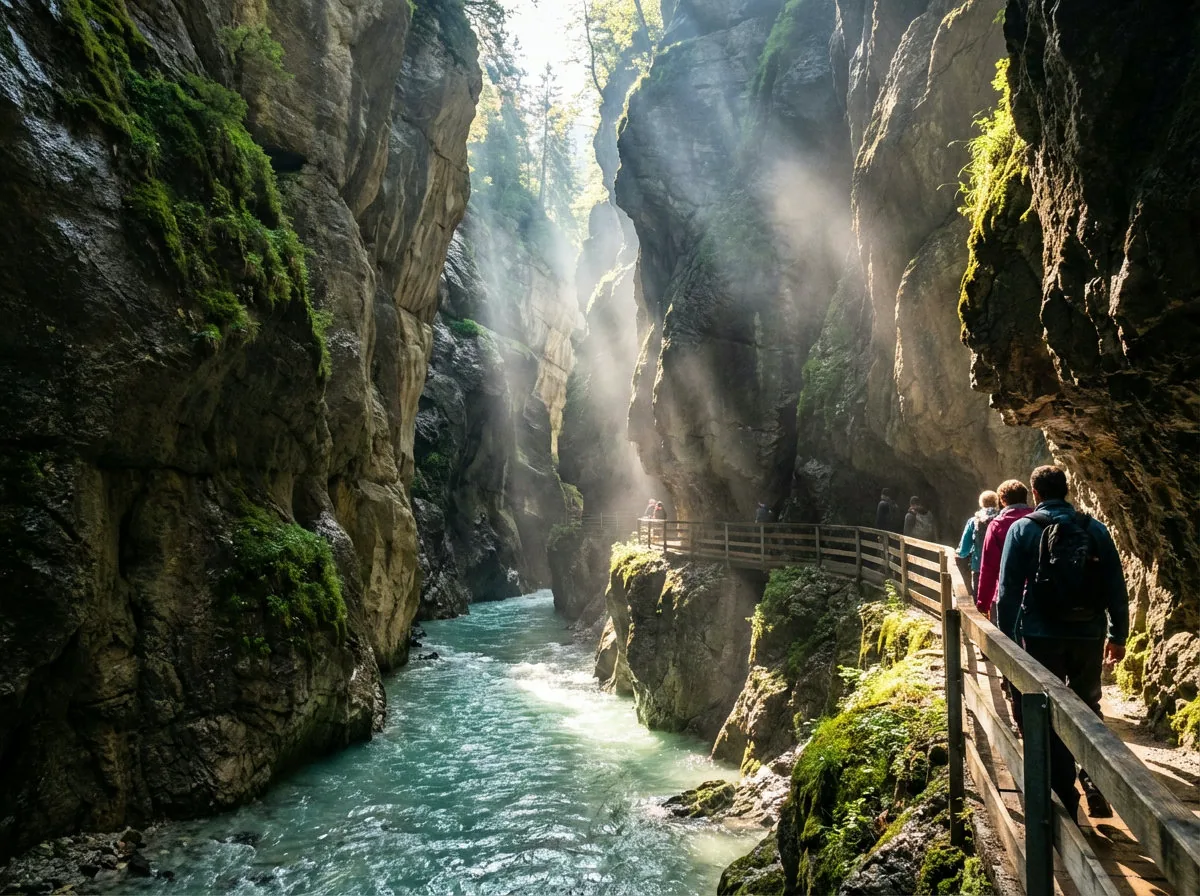 Partnachklamm bei Garmisch-Partenkirchen mit türkisem Wasser und Holzstegen