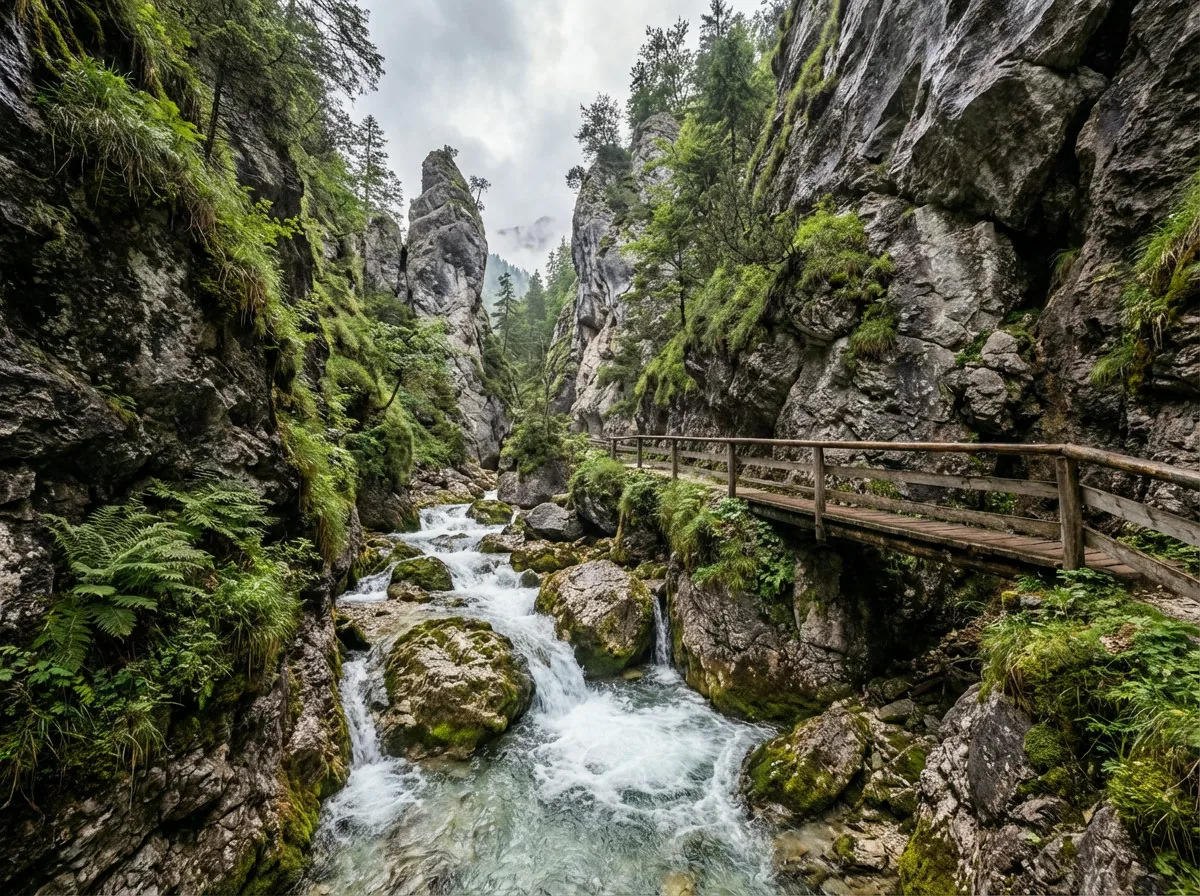Wimbachklamm bei Berchtesgaden mit wildem Gebirgsbach und moosbedeckten Felsen