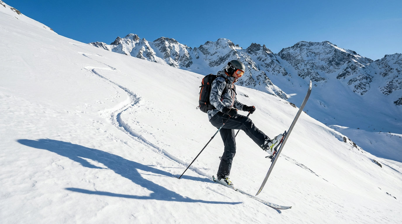 Skibergsteiger bei einer Spitzkehre am steilen Hang