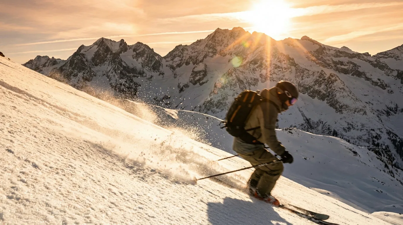 Skibergsteiger bei der Abfahrt im Firnschnee mit Bergpanorama