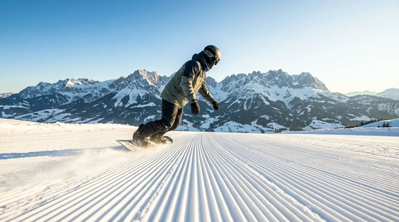 Skifahrer auf präparierter Piste bei KitzSki mit dem Hahnenkamm im Hintergrund