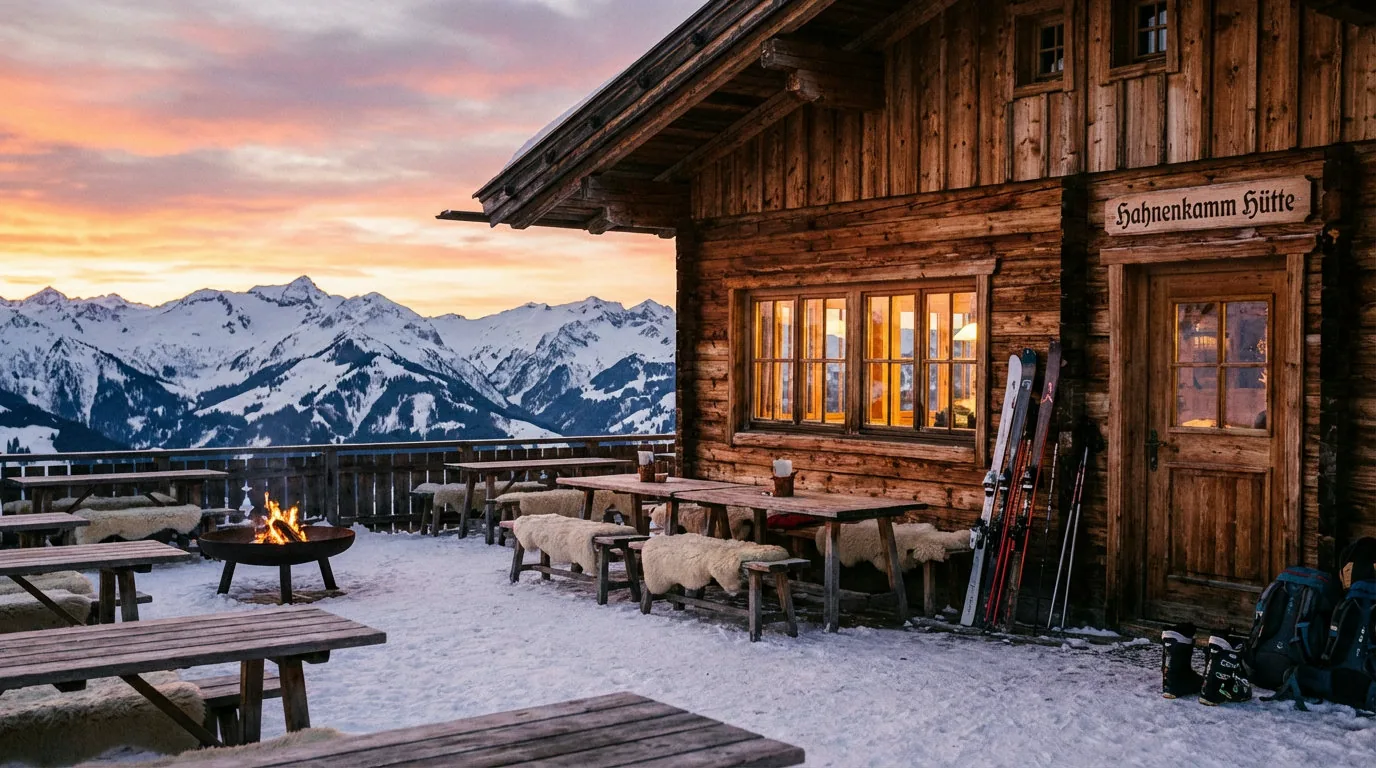 Gemütliche Skihütte bei Sonnenuntergang in den Kitzbüheler Alpen mit verschneiter Terrasse
