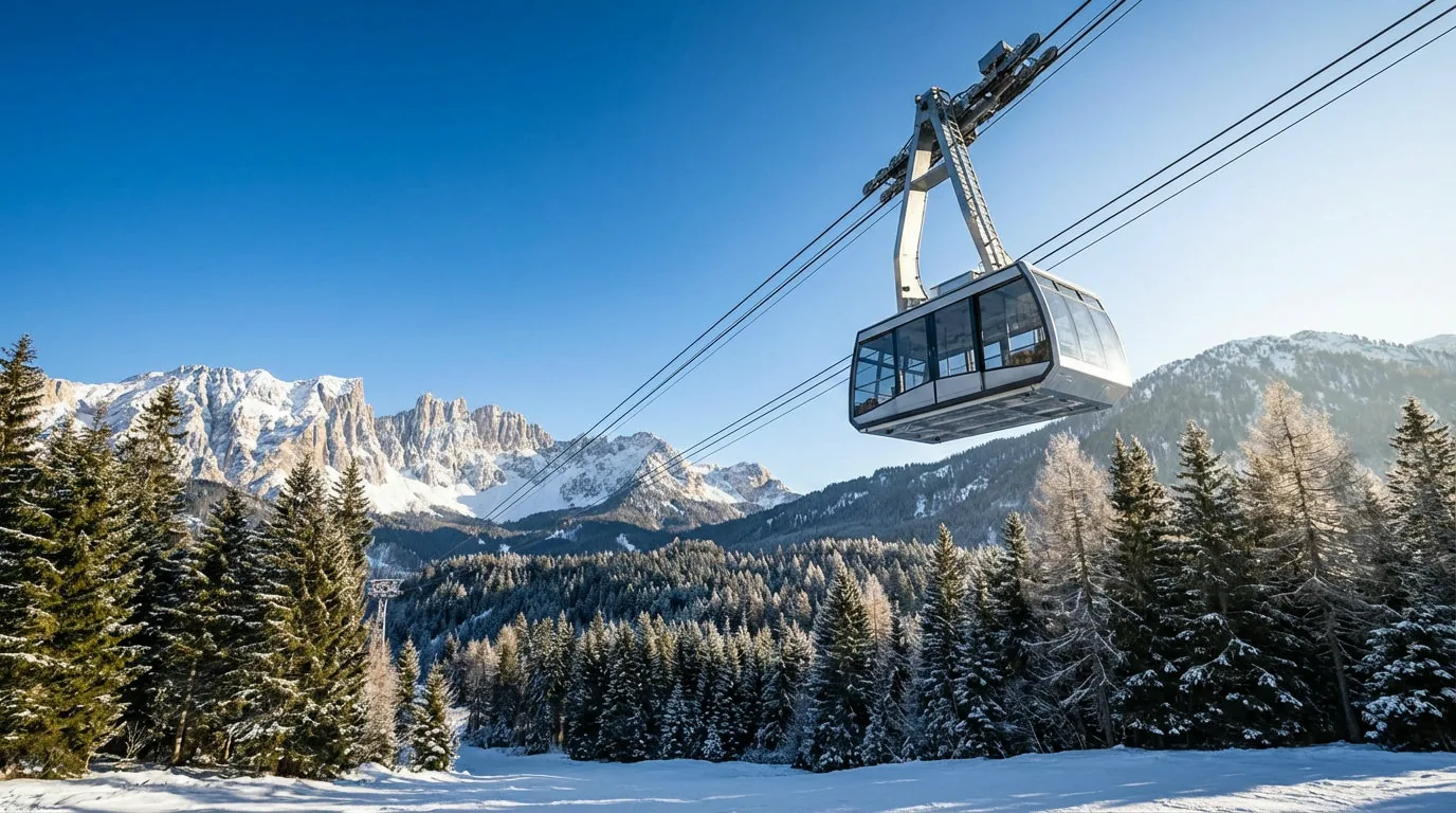Moderne Gondel über verschneiter Winterlandschaft in den Tiroler Alpen