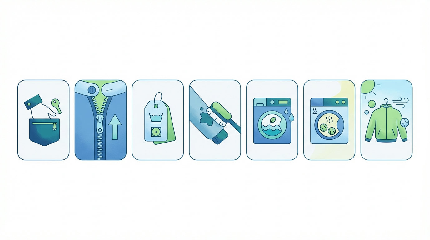 Minimalistische Infografik zeigt 7-Schritte-Checkliste zum Waschen von Winterjacken mit Icons