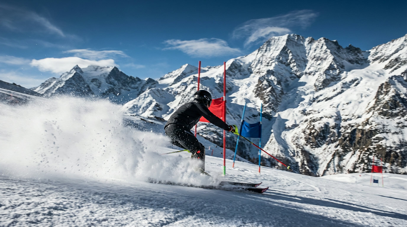 Skirennfahrer bei der Abfahrt mit Schneefontäne und Bergpanorama im Hintergrund