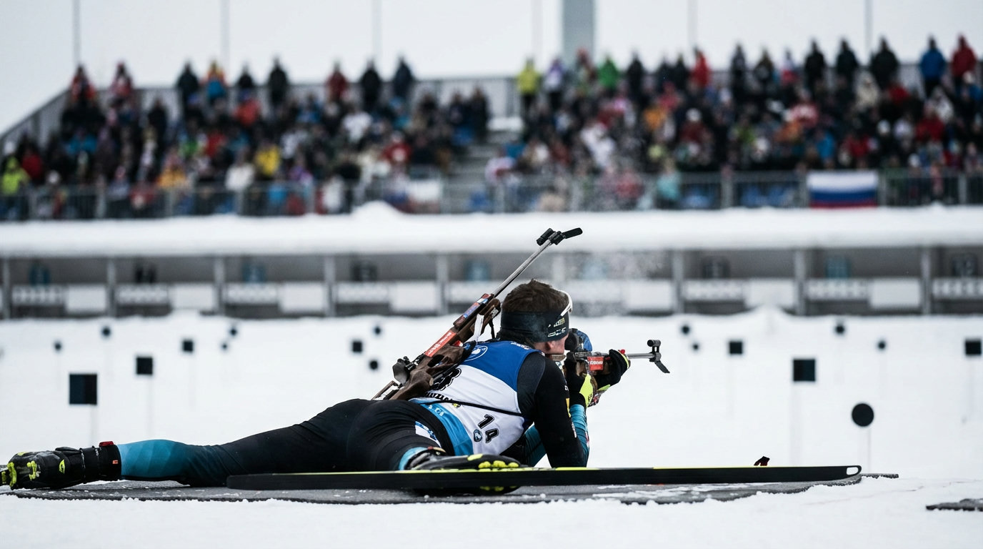 Biathletin beim Schießen in Bauchlage am Schießstand mit verschneitem Stadion im Hintergrund