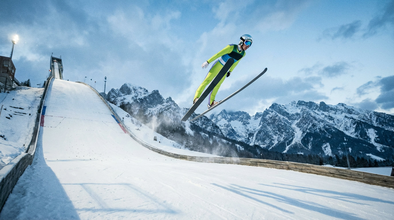 Skispringer im Flug vor einer Großschanze mit Berglandschaft im Hintergrund