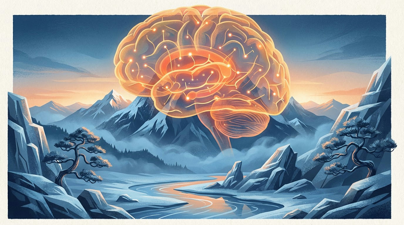 Illustration: Leuchtendes Gehirn über einer Hochgebirgslandschaft – Kognition unter Outdoor-Stress
