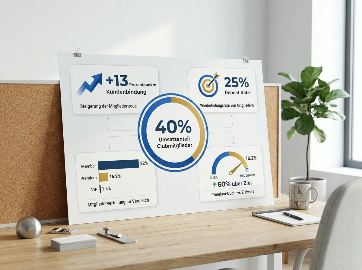 Infografik: SportFits Club Kennzahlen nach drei Monaten – 40 Prozent Umsatzanteil, 25 Prozent Repeat Rate, 16,2 Prozent Premium-Quote