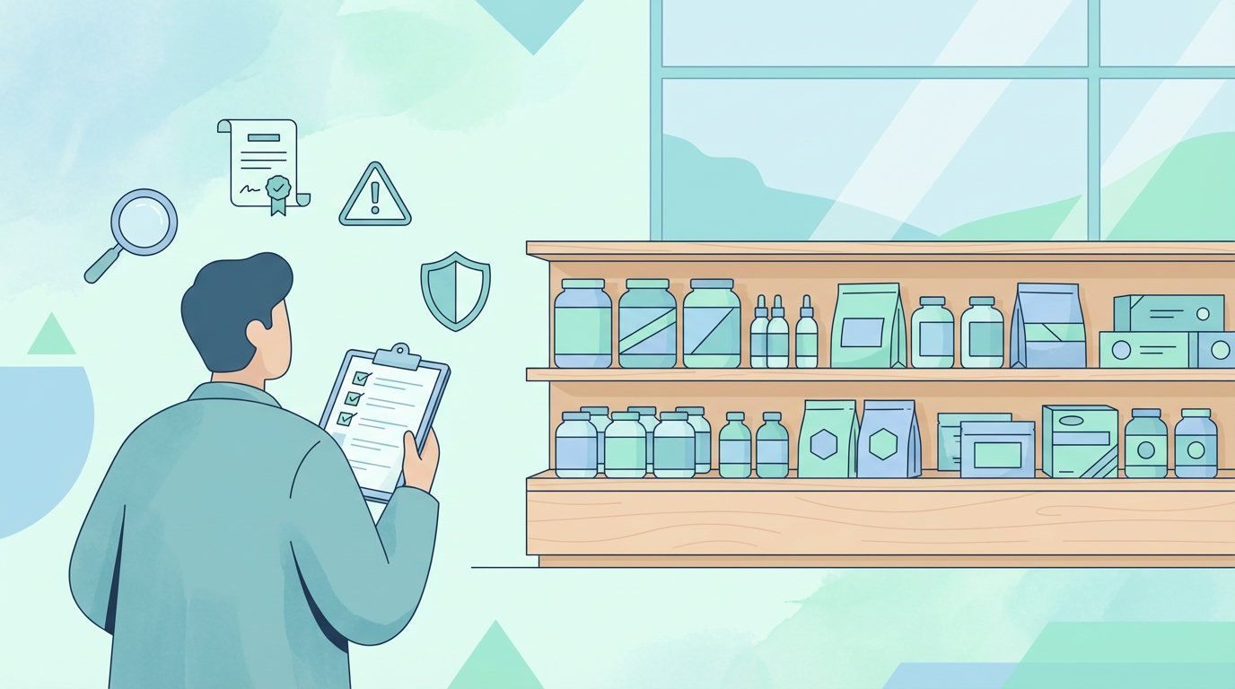 Illustration: Person mit Checkliste vor Supplement-Regal prüft Gütesiegel