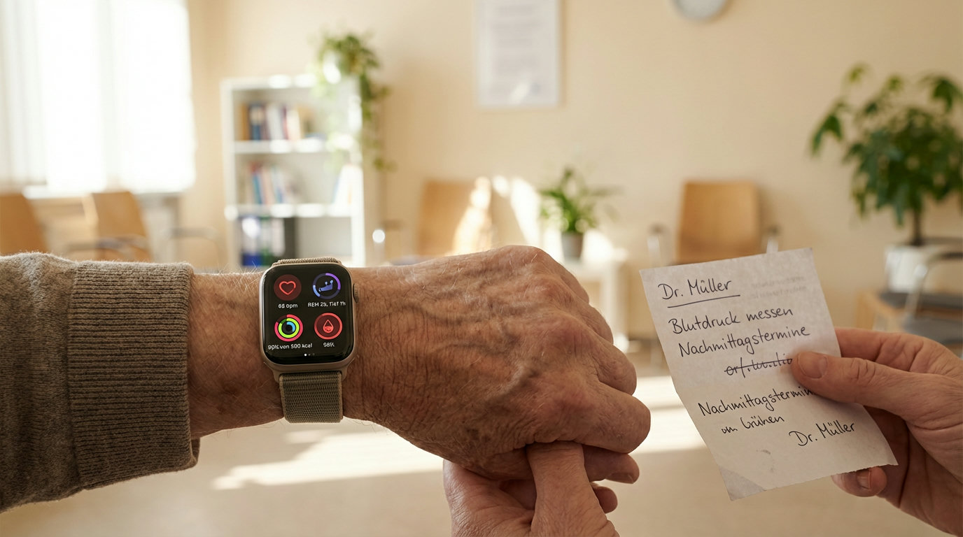 Smartwatch mit Gesundheitsdaten neben handschriftlichen Notizen für den Arztbesuch