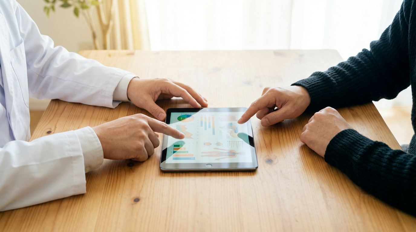 Arzt und Patient betrachten gemeinsam medizinische Daten auf einem Tablet