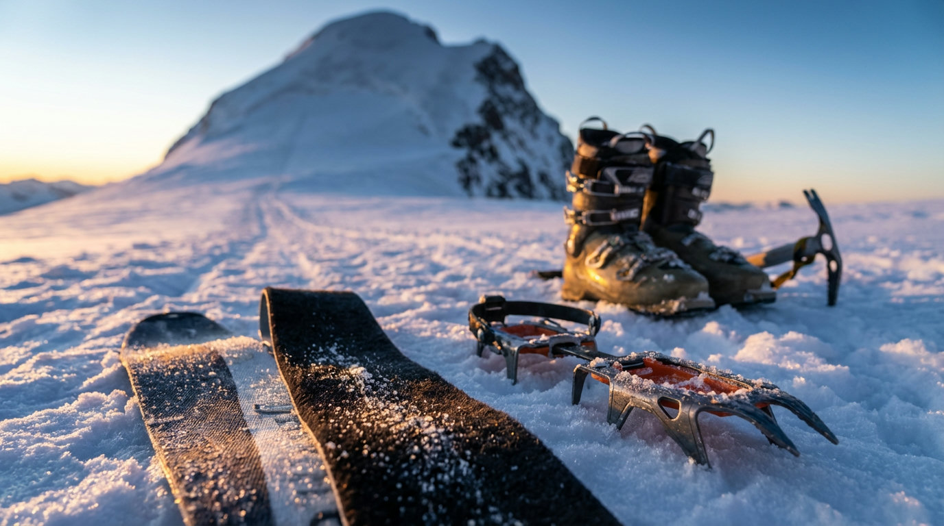 Skitourenfelle und Harscheisen auf gefrorenem Firnhang in der Morgendämmerung