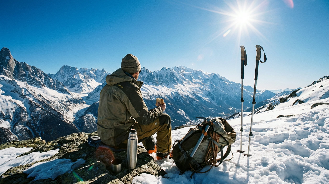 Skitourengeher bei der Gipfelrast mit Blick über verschneite Alpengipfel