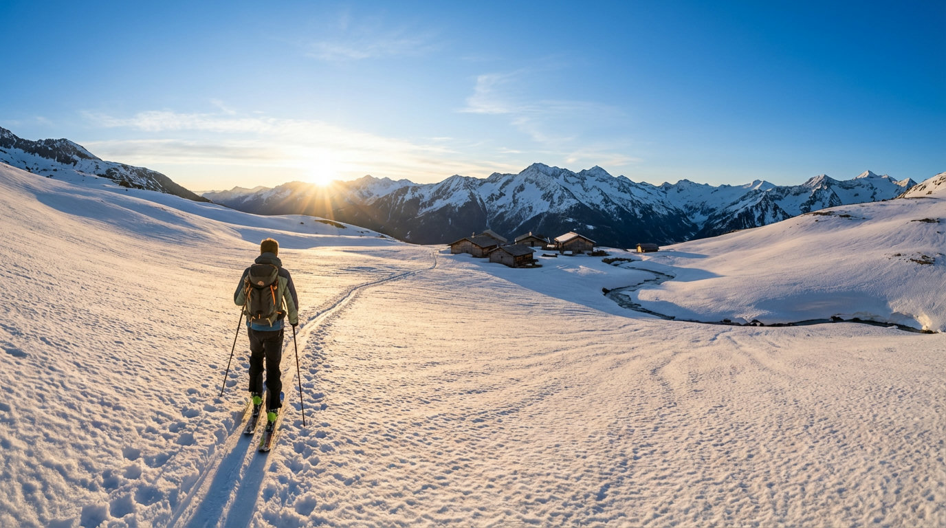 Skitourengeher im Aufstieg auf breitem Firnhang am Brenner mit Alpenpanorama