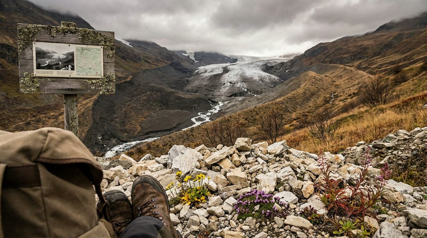 Vergleichsbild eines Alpengletschers: historische Ausdehnung versus aktuelle Situation (KI-generierte Darstellung)