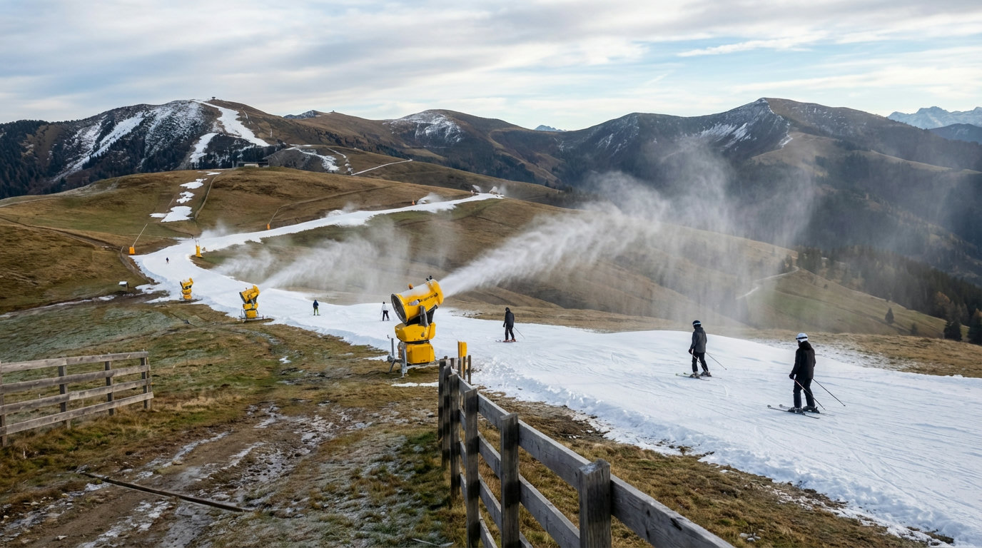 Skigebiet mit deutlich sichtbaren grünen Flecken und Kunstschnee-Beschneiung (KI-generierte Darstellung)