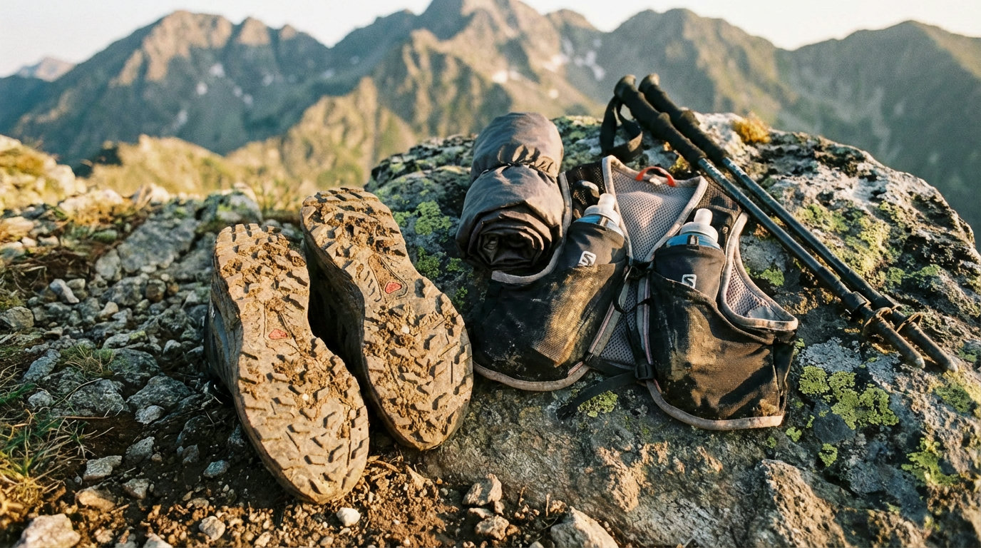 Trailrunning-Ausrüstung auf einem Felsblock: Schuhe mit griffigem Profil, Laufrucksack und Stöcke