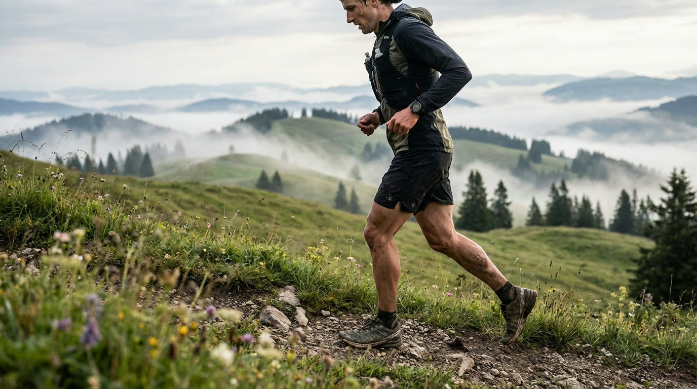 Trailrunner beim Bergintervall-Training auf einem steilen Wiesenpfad mit Almkulisse
