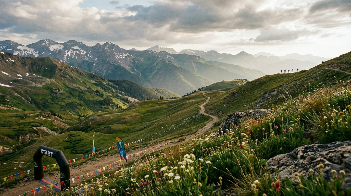 Startbereich eines Trailrunning-Events in den Alpen mit Läufern und Bergpanorama