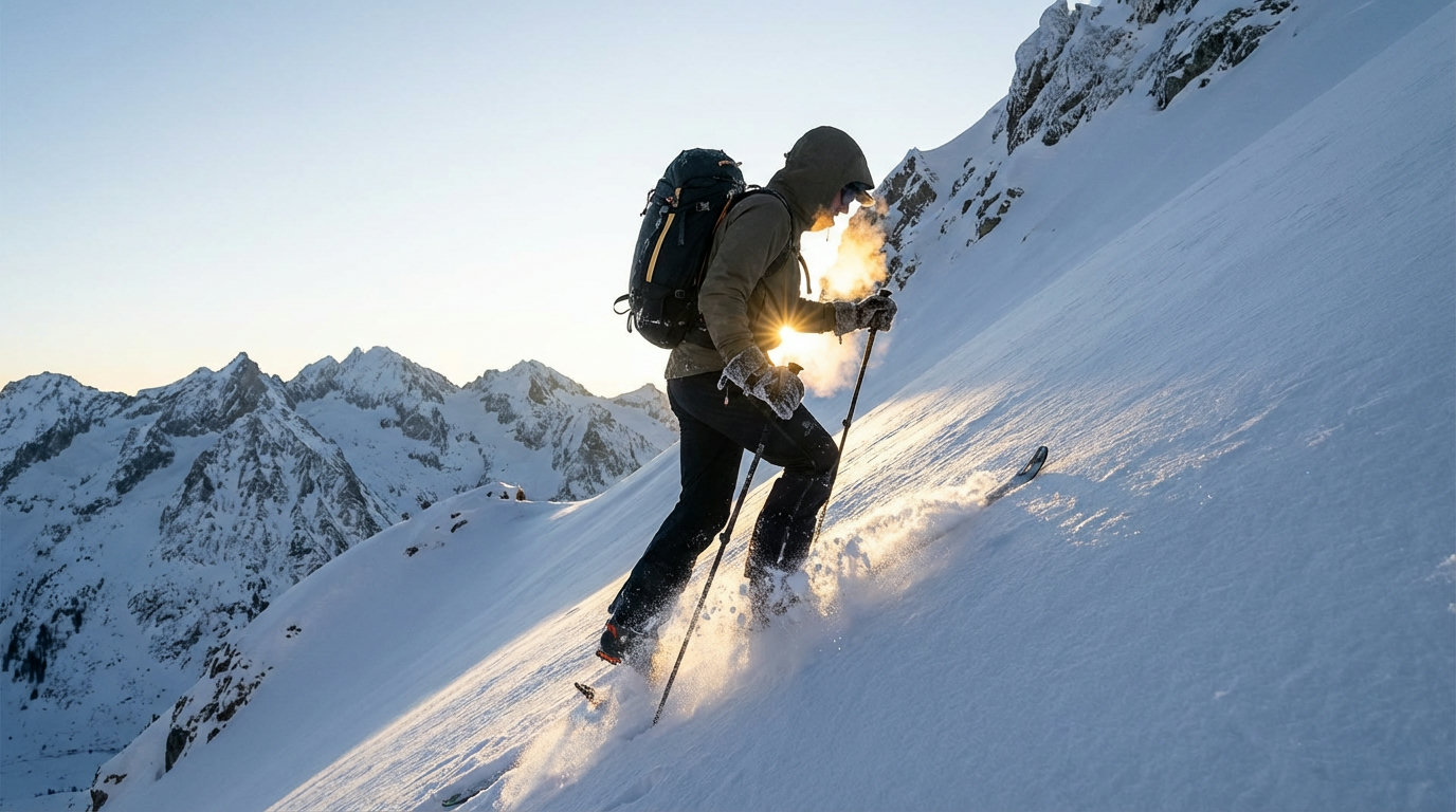 Skitouren-Geher im steilen Aufstieg durch Pulverschnee bei kaltem Winterwetter