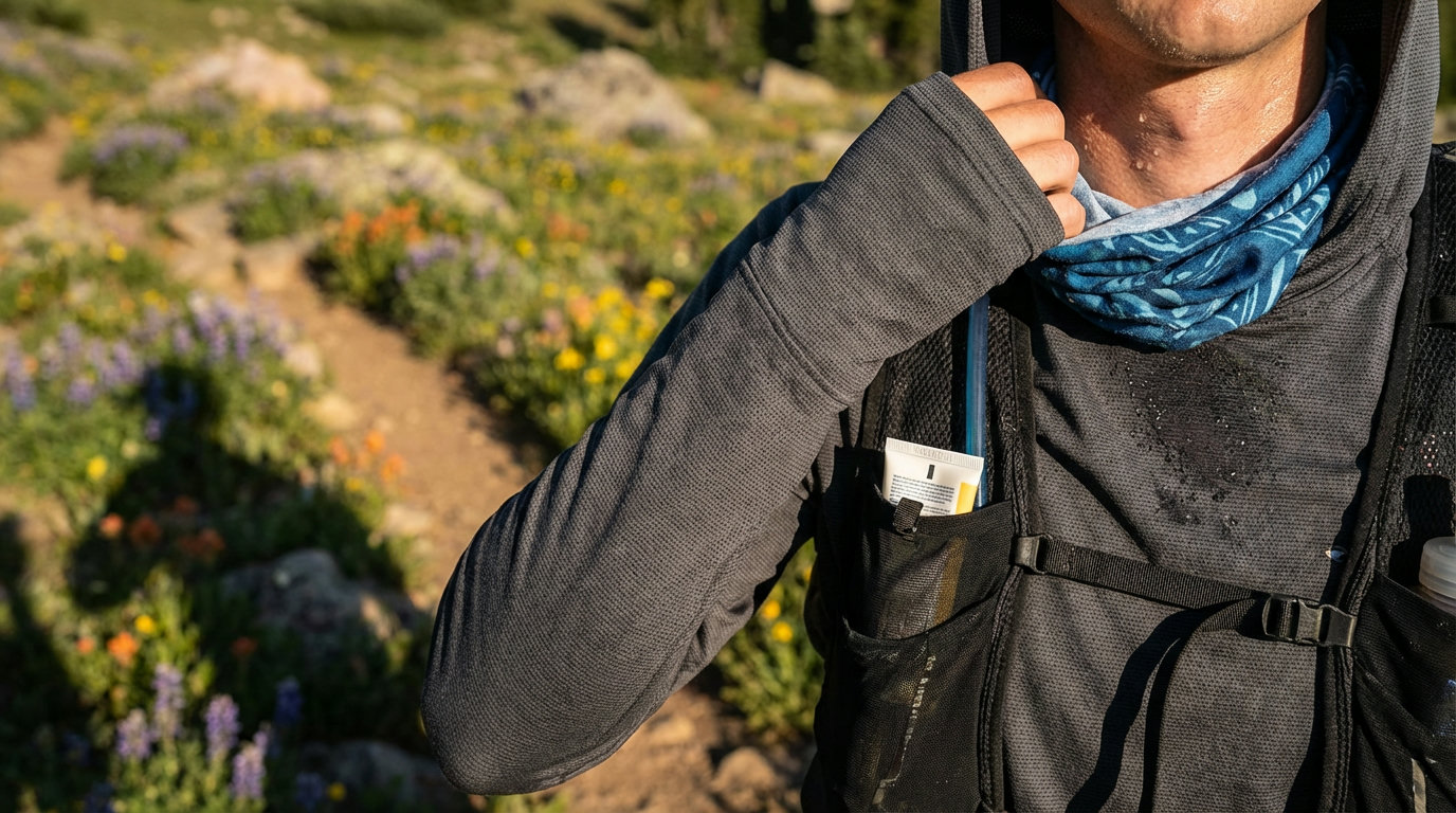 Trail-Runner mit UPF-Sonnenschutz-Hoodie auf einem alpinen Wanderweg bei intensiver Sonnenstrahlung (KI-generierte Darstellung)