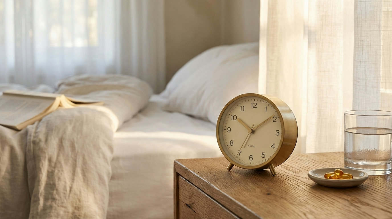 Wecker und Nahrungsergänzungsmittel auf dem Nachttisch im Morgenlicht – Schlafqualität und Vitamin D