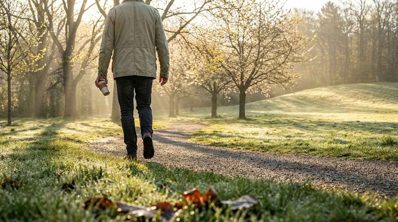 Person beim Morgenspaziergang im Frühlingspark mit Kaffeebecher – Tageslicht und Bewegung gegen Frühjahrsmüdigkeit