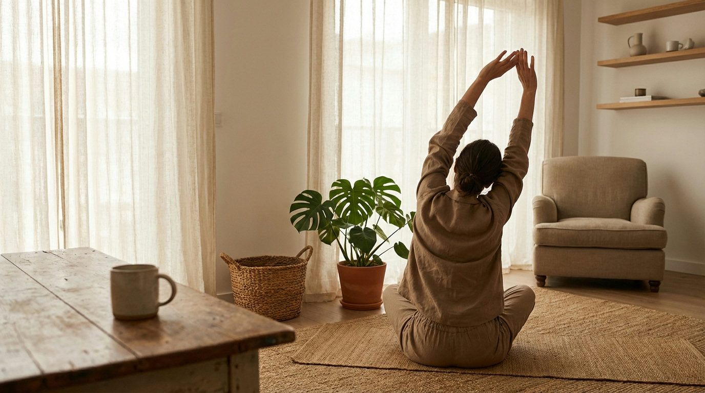 Person beim sanften Morgen-Stretching auf einer Yogamatte im hellen Wohnzimmer