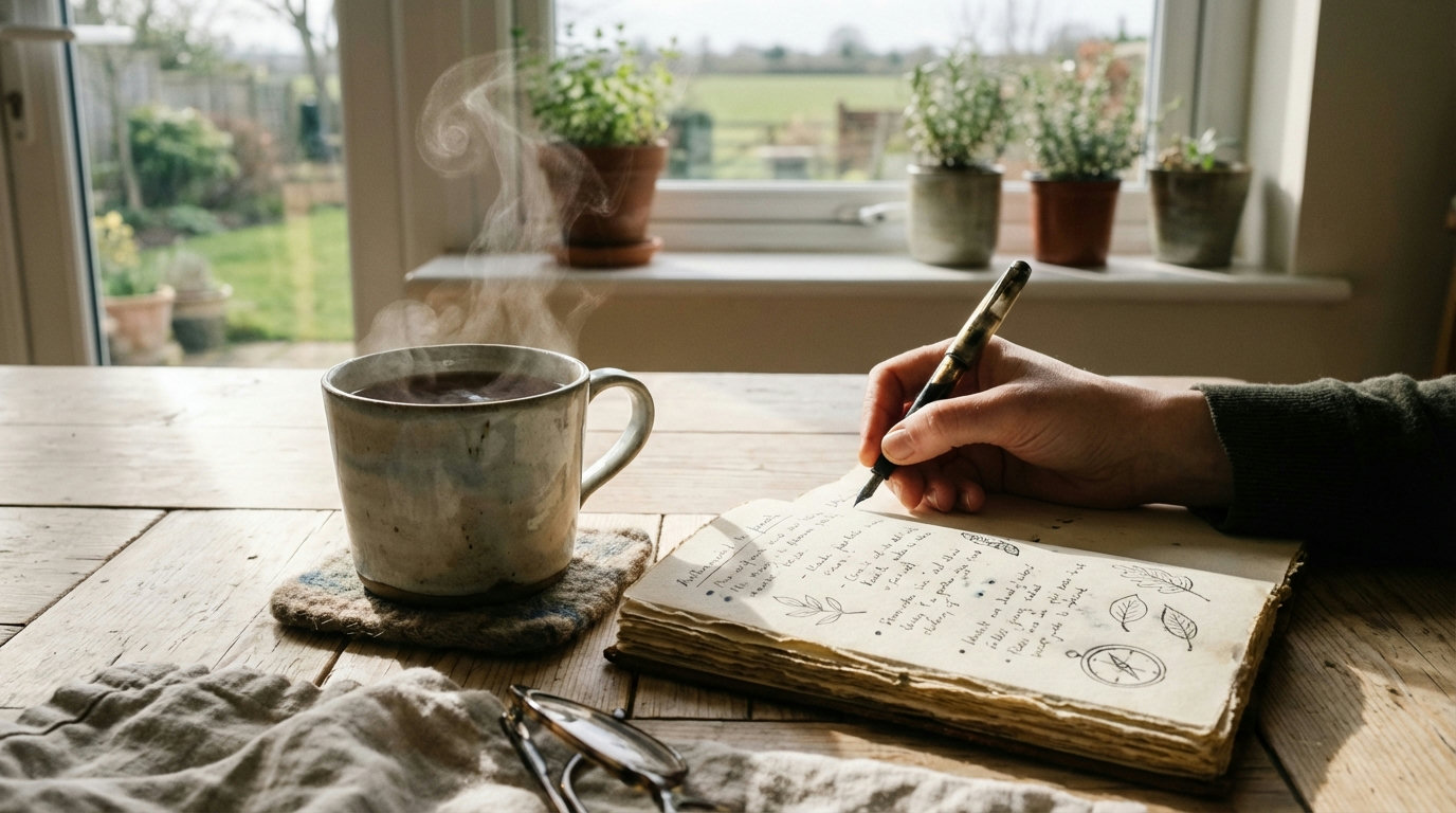 Hand schreibt in einem einfachen Journal neben einer Tasse Tee – selbstbestimmte Routine ohne Druck