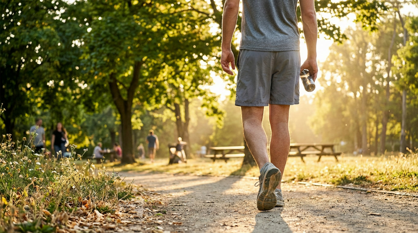 Person beim lockeren Spaziergang im Park zur aktiven Erholung bei Muskelkater