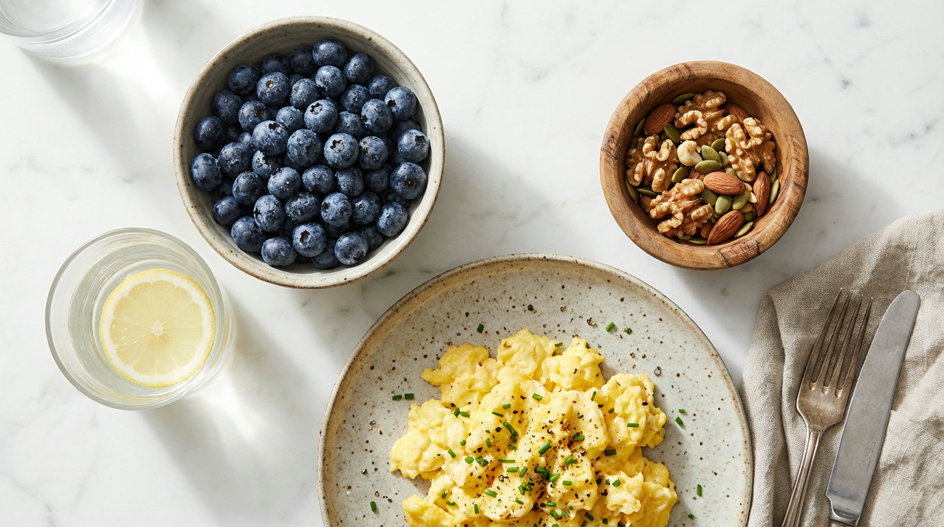Gesunde Mahlzeit mit Eiern, Beeren und Nüssen für schnellere Regeneration