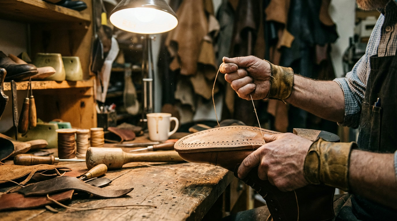 Handwerkliche Schuhfertigung mit traditioneller Stitchdown-Technik in einer Werkstatt