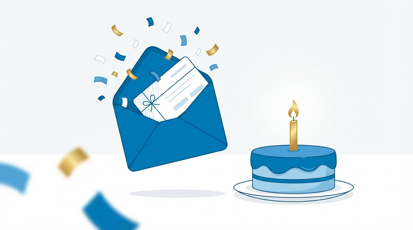 Illustrierter Briefumschlag mit Konfetti und Geschenkgutschein als Symbol für die Geburtstagsüberraschung