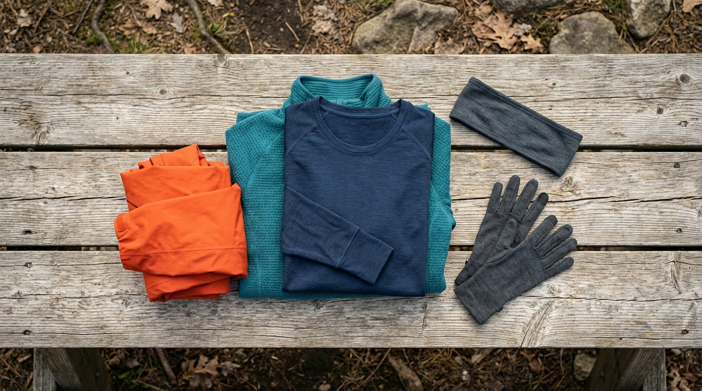 Layering-System für Frühlingswanderungen: Baselayer, Fleece-Midlayer und Hardshell-Jacke übersichtlich angeordnet